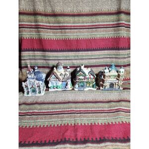 Set Of 4 Porcelain Christmas Houses Santa's House, Bakeshop, Church, Station